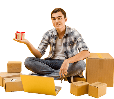 Smiley delivery man with packages beside